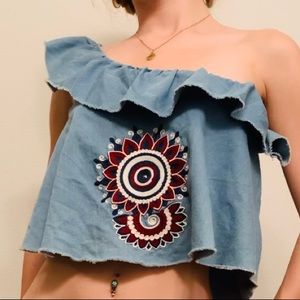 Zara Denim Embroidered One Shoulder Crop Top XS